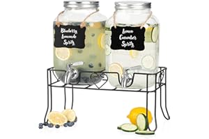 Crutello 2 Pack Glass Beverage Dispenser with Stainless Steel Spigots, 1 Gallon Drink Dispenser Metal Black Stand, Lemonade, Tea, Water, Laundry Detergent - A Family-Owned American Brand