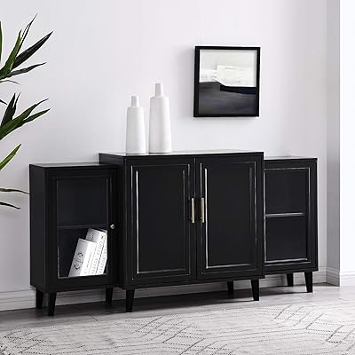 Walker Edison 4-Door Tiered Modern Sideboard Buffet Stand, Black
