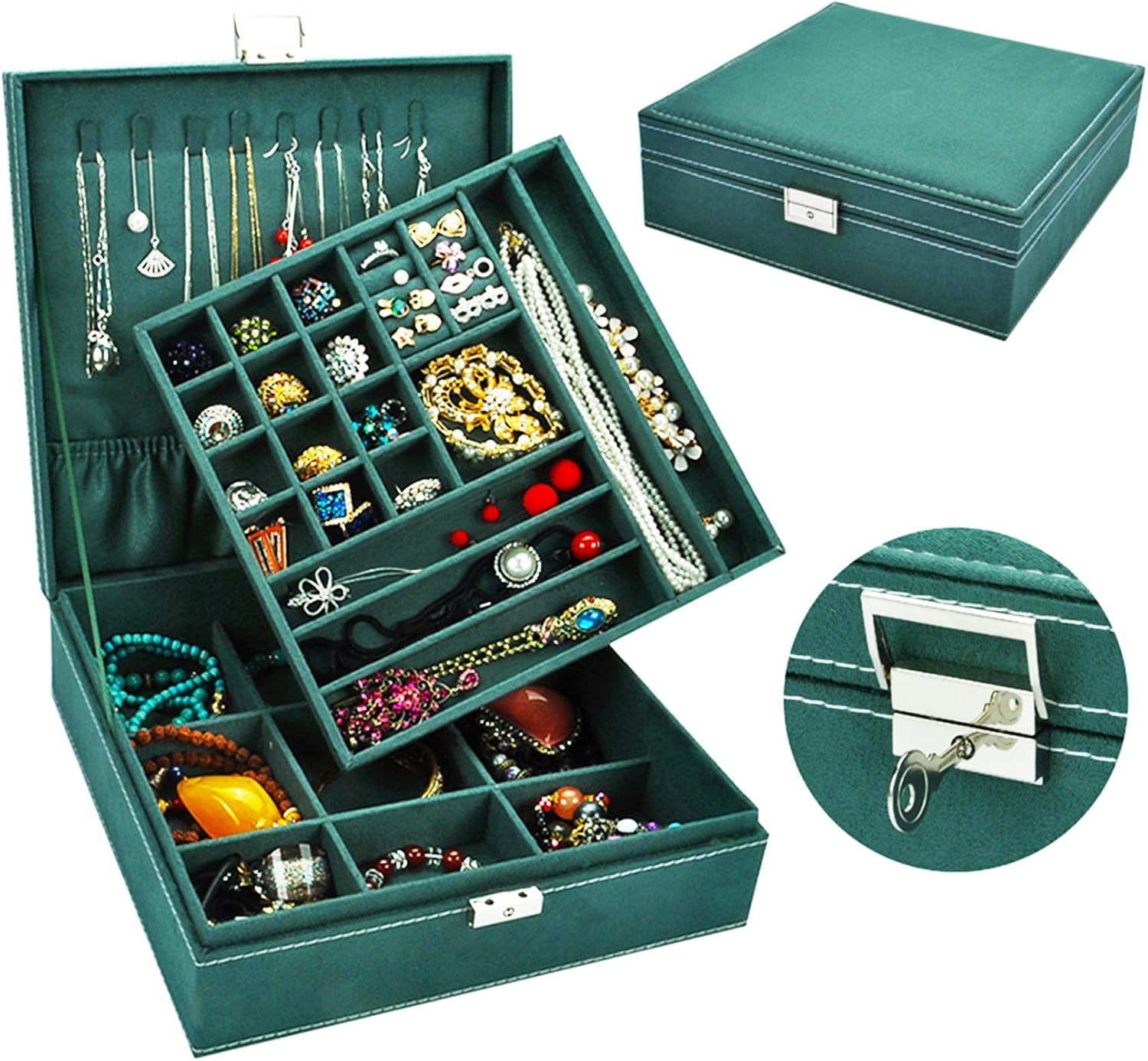 Jewelry Box for Women Girls, QBeel 2 Layer 36 Compartments Necklace Jewelry Organizer Box with Lock Jewelry Holder Display Storage Case for Earrings Bracelets Rings - Green: Home Improvement
