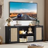 LEYAOYAO Rattan TV Stands for Living Room, Black | Boho Media Console with Rounded Corners &amp; 6 Large Storage Compartments &amp; Floor-Standing Design for 50-65 Inch TV