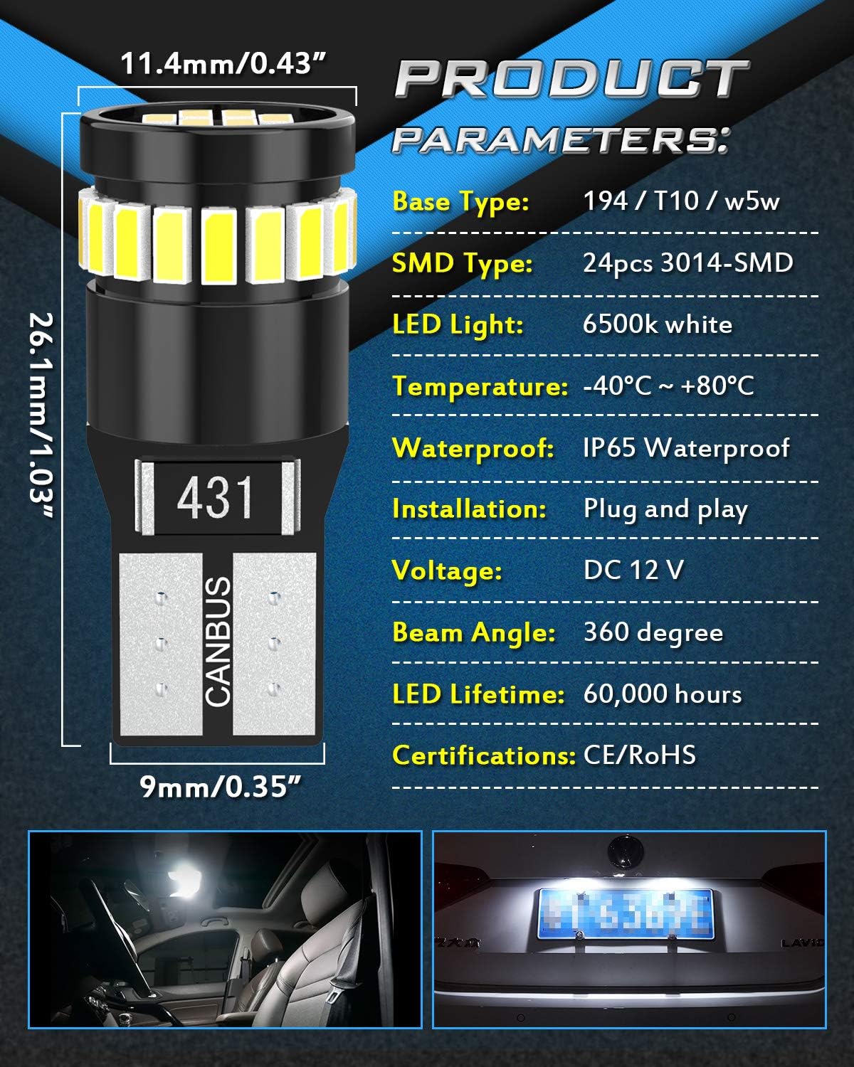 KATUR 194 LED Light Bulb 6000K White Super Bright 168 2825 W5W T10 Wedge 24-SMD 3014 Chipsets LED Replacement Bulbs CANBUS Error Free for Car Dome Map Door Courtesy License Plate Lights (4pcs,White) - Image 5