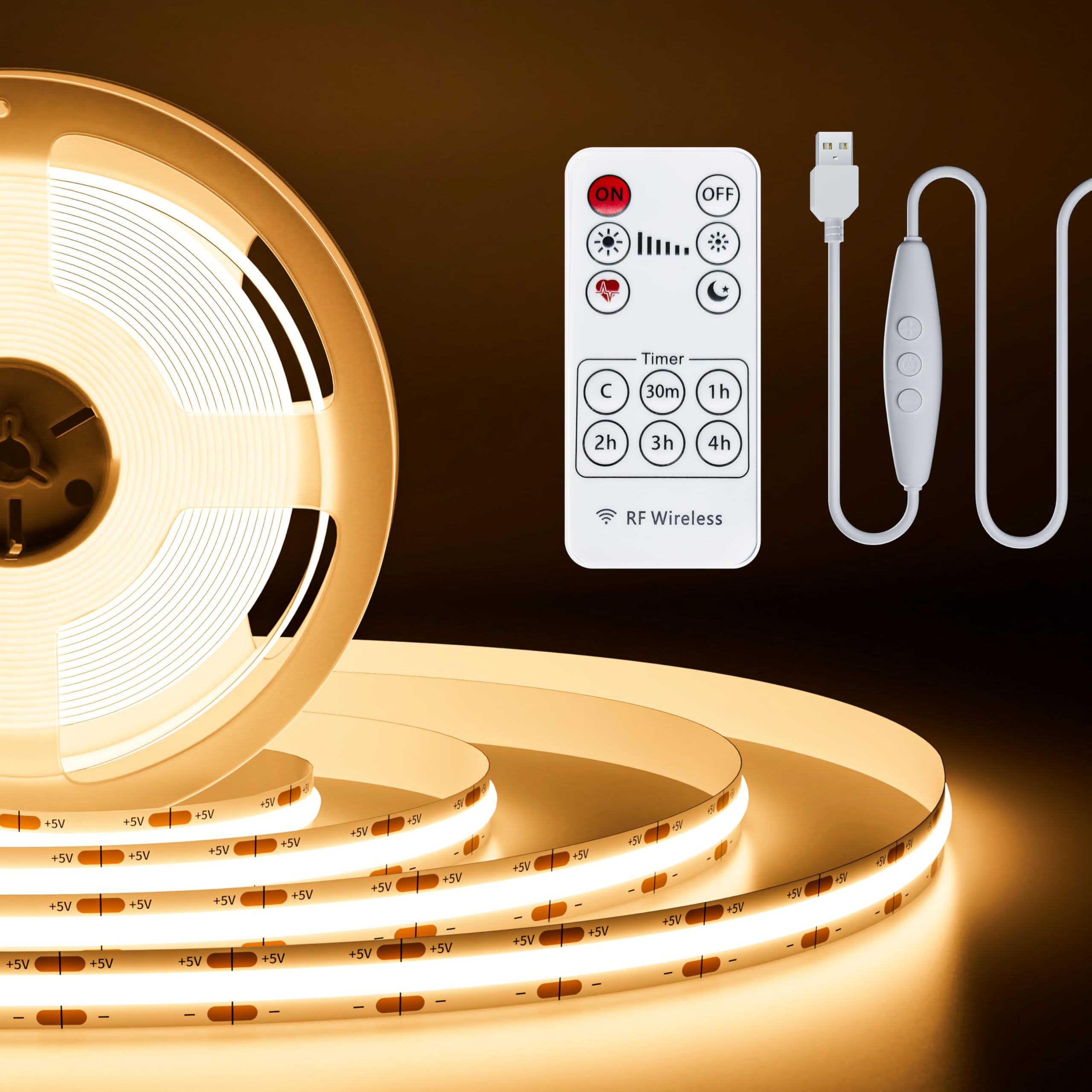 Photo 1 of PAUTIX 5V USB COB LED Strip Light 6.56ft/2m 1200lm, 640LEDs Dimmable 3000K Warm White CRI90+ with RF Remote TV Backlight,Flexible Under Cabinet Tape Light for Bedroom,Kitchen,Home,Office DIY Lighting