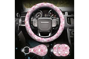 ZADIN Kitty Accessories Car, Strawberry Pink Cat Wheel Cover, Y2K Car Accessories, Girly Steering Wheel Cover, Universal Fit 14.5-15 inch Auto SUV Vans Trucks, Anti-Slip and Sweat Absorption