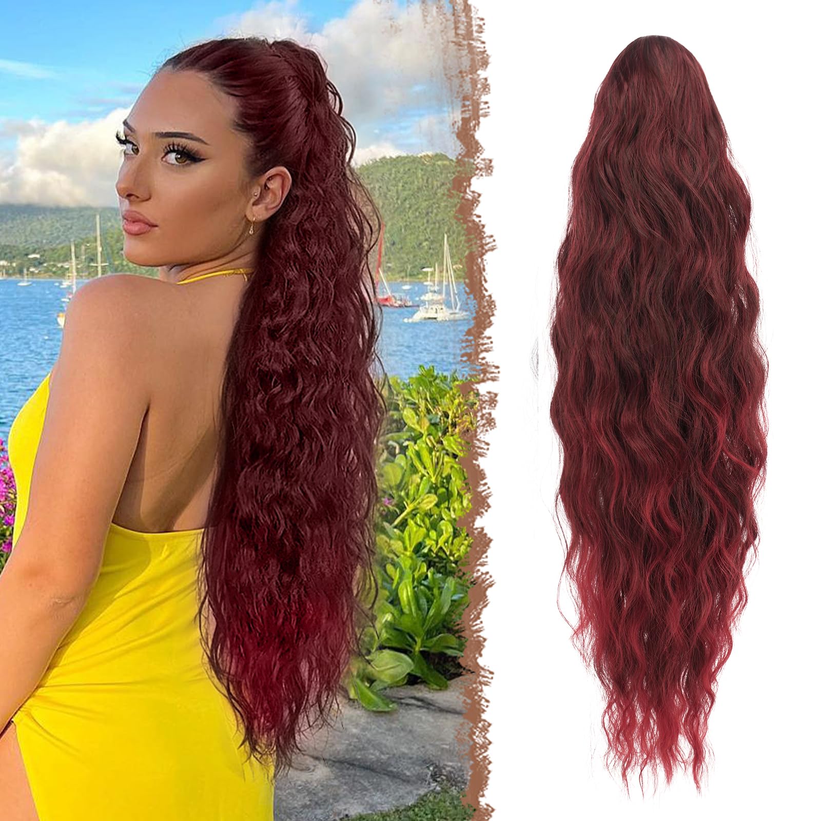 FESHFEN Long Curly Wavy Drawstring Ponytail Extensions Clip in Wavy Synthetic Hairpieces Black and Burgundy Tips Drawstring Ponytail Curly Hair Piece Pony Tail Extension for Women, 26 inch — image 1