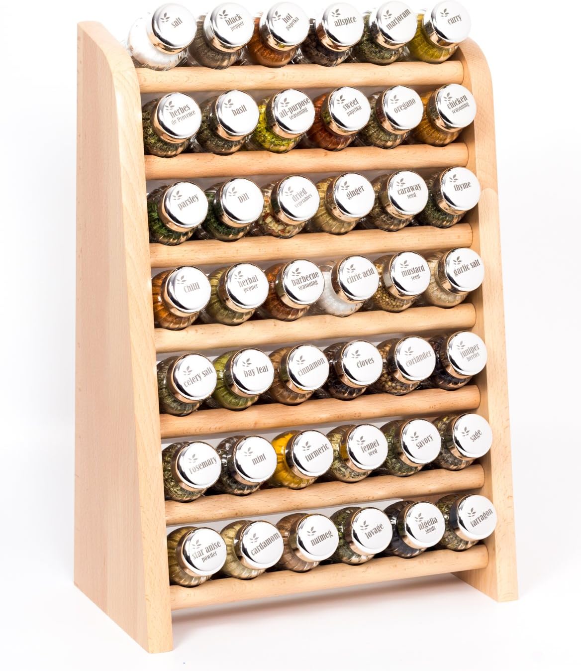 42 Jar Wooden Kitchen Spice Rack Filled with Herbs and Spices + 2 Glass Jars Absolutely Free! -Made in Poland- 42N-Natural. Silver Glossy caps