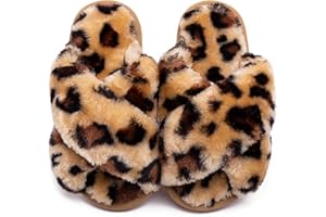 eccbox Girls Fluffy Slippers Kids Leopard Tie Dye Open Toe Memory Foam Slides Sandals Soft Plush Cross Band House Shoes Indoor Outdoor Slip On