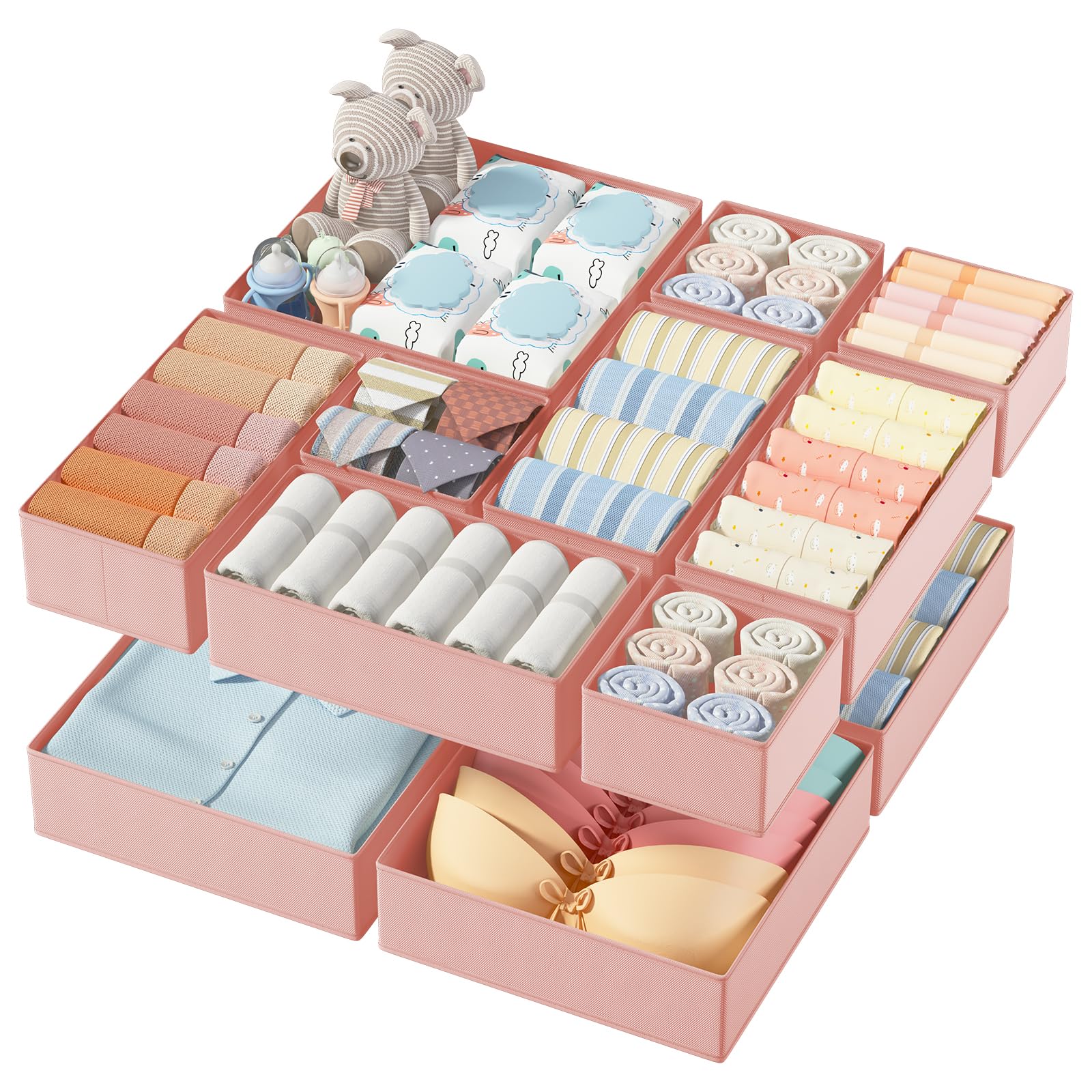 DIMJ 12Pack Pink Foldable Fabric Boxes – Wardrobe and Drawer Organisers with Zipper Bottom, Breathable Material, and Cardboard Reinforcement, Perfect for Clothes, Baby Items, Makeup, Spice Jars, Socks