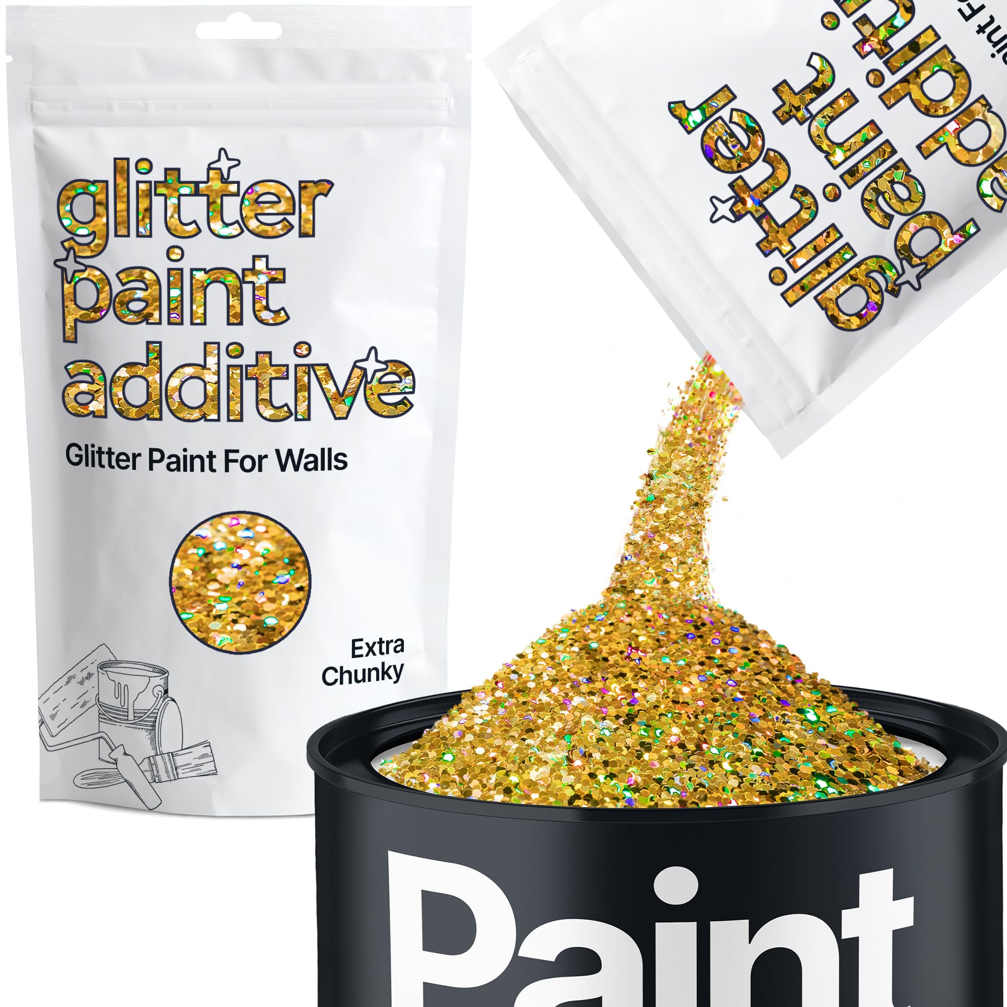 Hemway Gold Holographic Glitter Paint Additive Extra Chunky 100g for Adding Sparkle to Paints & Varnish | Paint Walls Sparkly Add to Emulsion, Acrylic or Lacquer Indoor