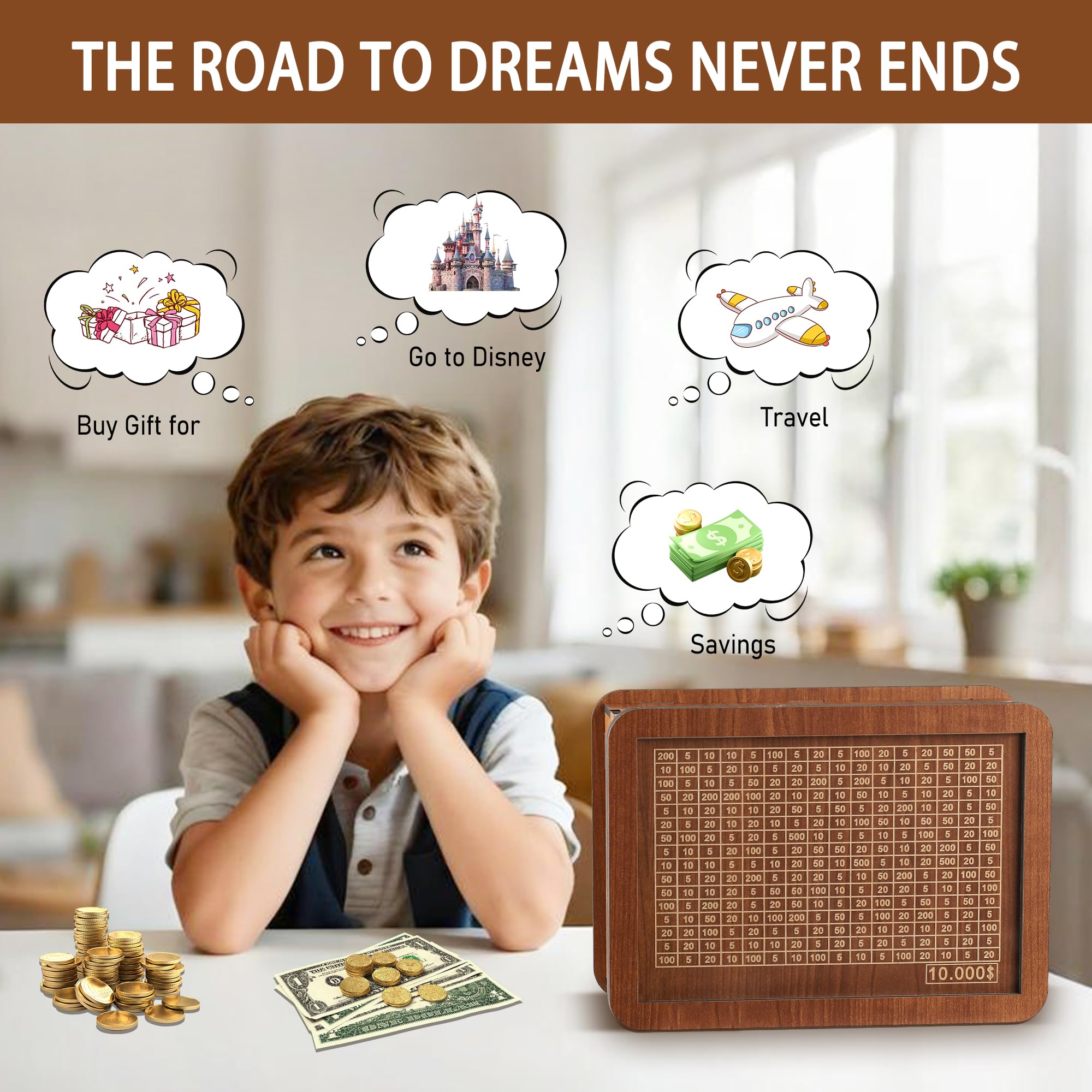 Wooden Cash Money Saving Box,Piggy Bank for Kids & Adults,10000 Savings Challenge Box,Coin Bank Toys Gift for 3-12 Year Old Boys & Girls (10000 Dollar)