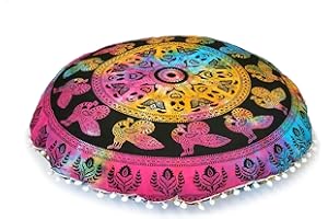 CRAFT KALA 32 Inch Large Hippie Mandala Meditation Floor Pillow Cushion Pouf Cover Round Poufs Bohemian Circle Case for Outdoor Fireplace Yoga Living Room Decor (Multi-Color Peacock), 32'' Inches