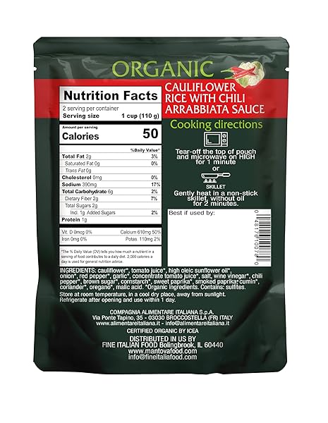 MANTOVA ORGANIC SPICY ARRABBIATA CAULIFLOWER RICE – LOW-CARB & KETO-FRIENDLY, BOLD ITALIAN FLAVOR WITH CHILI HEAT, READY-TO-COOK & GLUTEN-FREE, 8.5 OZ (PACK OF 6)