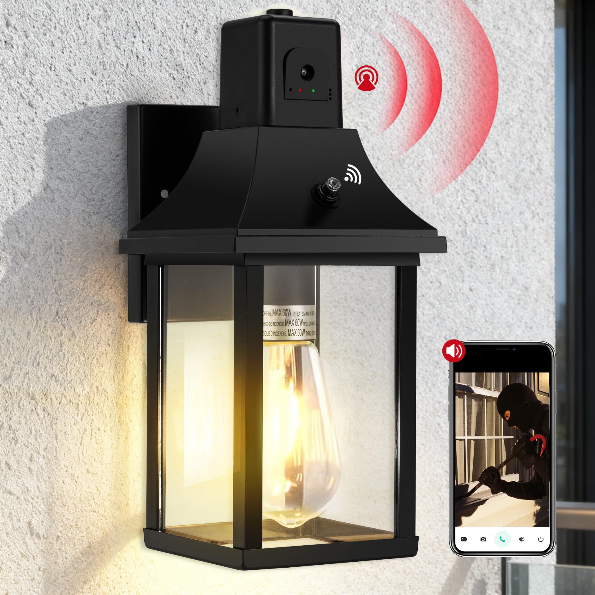 Photo 1 of HIHUOS Porch Light with Security Camera Built in Dusk to Dawn Outdoor Lighting - Waterproof Outside Lights Fixture Wall Mount- Exterior Lights for House Garage Front Door,Black