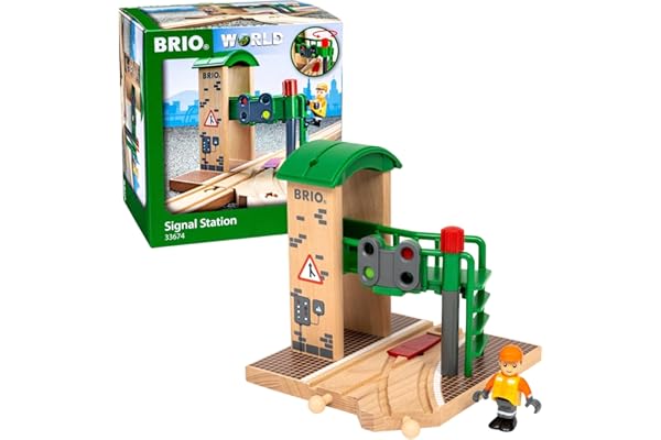 BRIO World Signal Station Set - 2-Piece Wooden Train Track Toy with Interactive Red Light and Figurine - FSC Certified - Comp