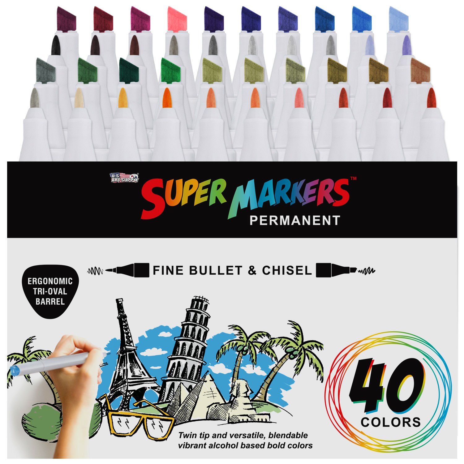 40 Color Super Markers Primary Tones Dual Tip Set - Double-Ended Permanent Art Markers with Fine Bullet and Chisel Point Tips - Ergonomic Tri-Oval Barrels - Draw, Sketch, Illustrate, Render, Manga