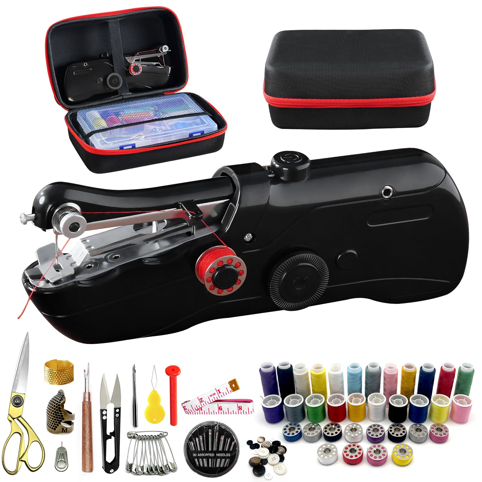 Handheld Sewing Machine with Black Storage Case and 109-Piece Sewing Kit, Mini Portable Cordless Hand Sewing Machine, Ideal for Adults & Beginners, Complete Set of Quick Home Clothing Repair Tools