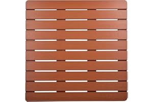 I FRMMY Heavy Duty Large PS Wood Shower Mat - Non-Slip Bath Floor Mat with Drain Hole - Perfect for Textured & Smooth Surfaces - Durable & Elegant - Teak Tint (21.8 x 21.8 inch)