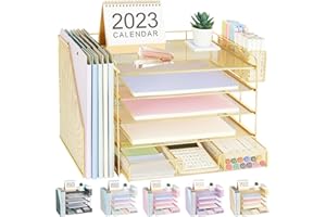 Gugsey Desk Organizer with File Holder, 5-tier Paper Letter Tray File Organizer with Drawer and Pen Holder, Metal Desk Organizers and Storage for Woman School Office Supplies Storage(Gold)