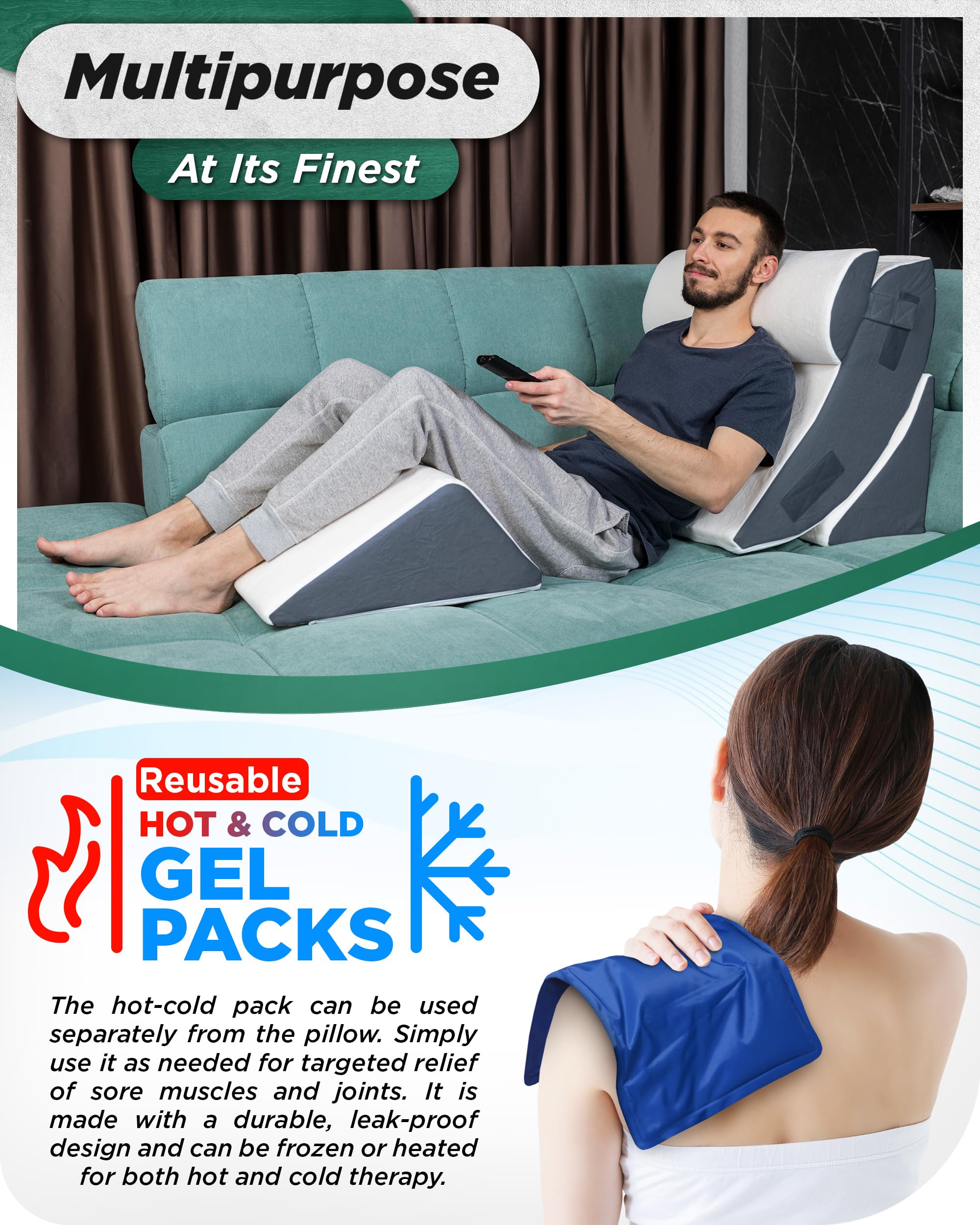 Lunix 4pcs Orthopedic Bed Wedge Pillow Set, Post Surgery Memory Foam for Back, Knee, Leg Pain Relief, Sitting Pillow for Sleeping, Acid Reflux, GERD, with Hot Cold Pack, Navy