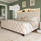 Belffin Platform Bed Frame with 50.9" LED Headboard, Queen Beige | Velvet Upholstered Low-profile Bed, Handmade Tufting, Nailhead Wingback, Tall Footboard, Storage with Charger, Noise-Free