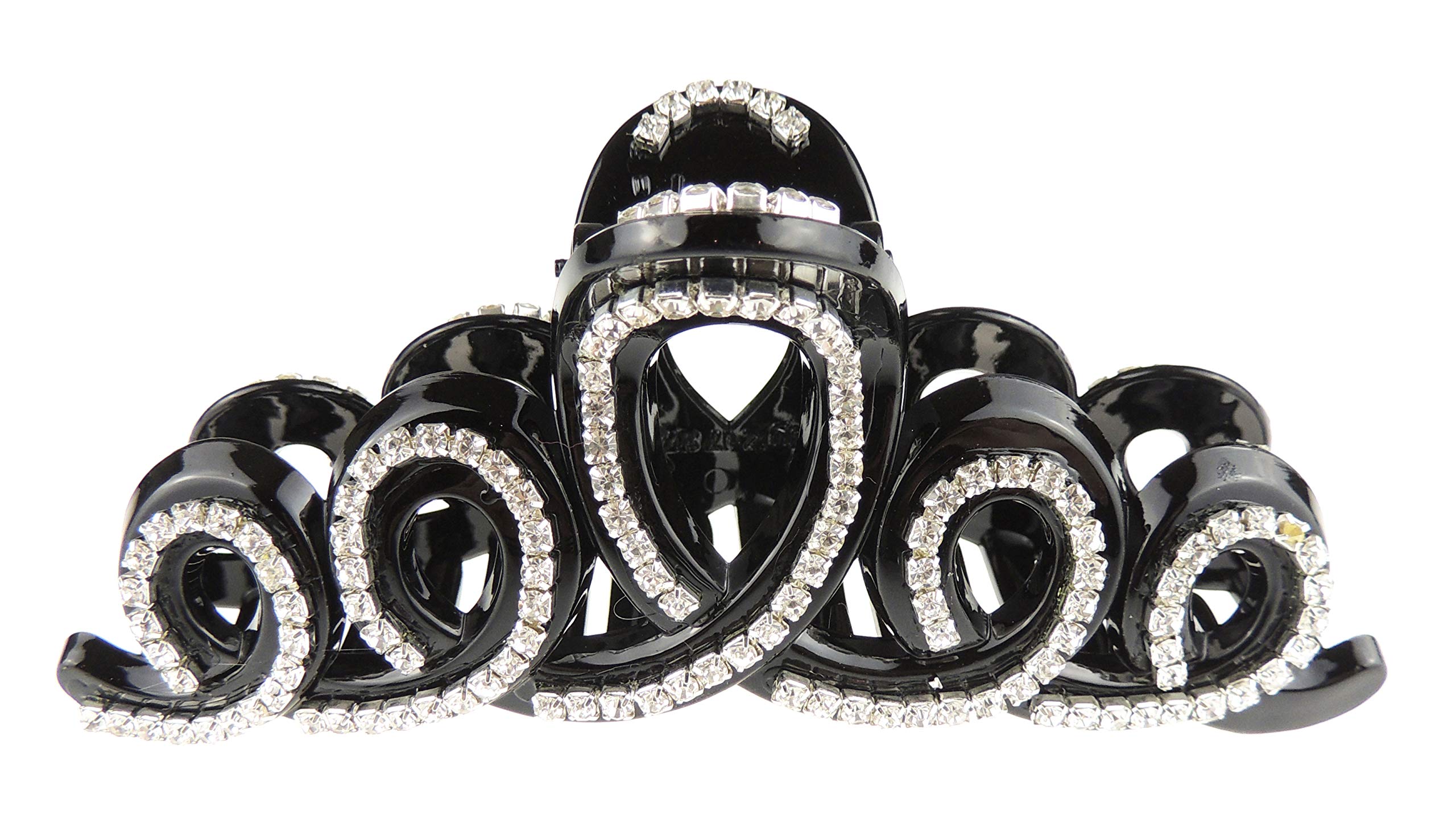 Sparkly Women Girls Thick Curly Long Hair X-Large Big Crystal Diamante Rhinestone Gems Bulldog Wave Jaw Clip Octopus Clamp Grip Bridal Wedding Party Styling Claw Butterfly Claw Swirly Doodles (Black)