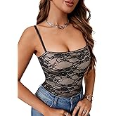 Rooscier Women's Floral Lace Sheer Spaghetti Strap Sleeveless Sexy Going Out Cami Top Shirt