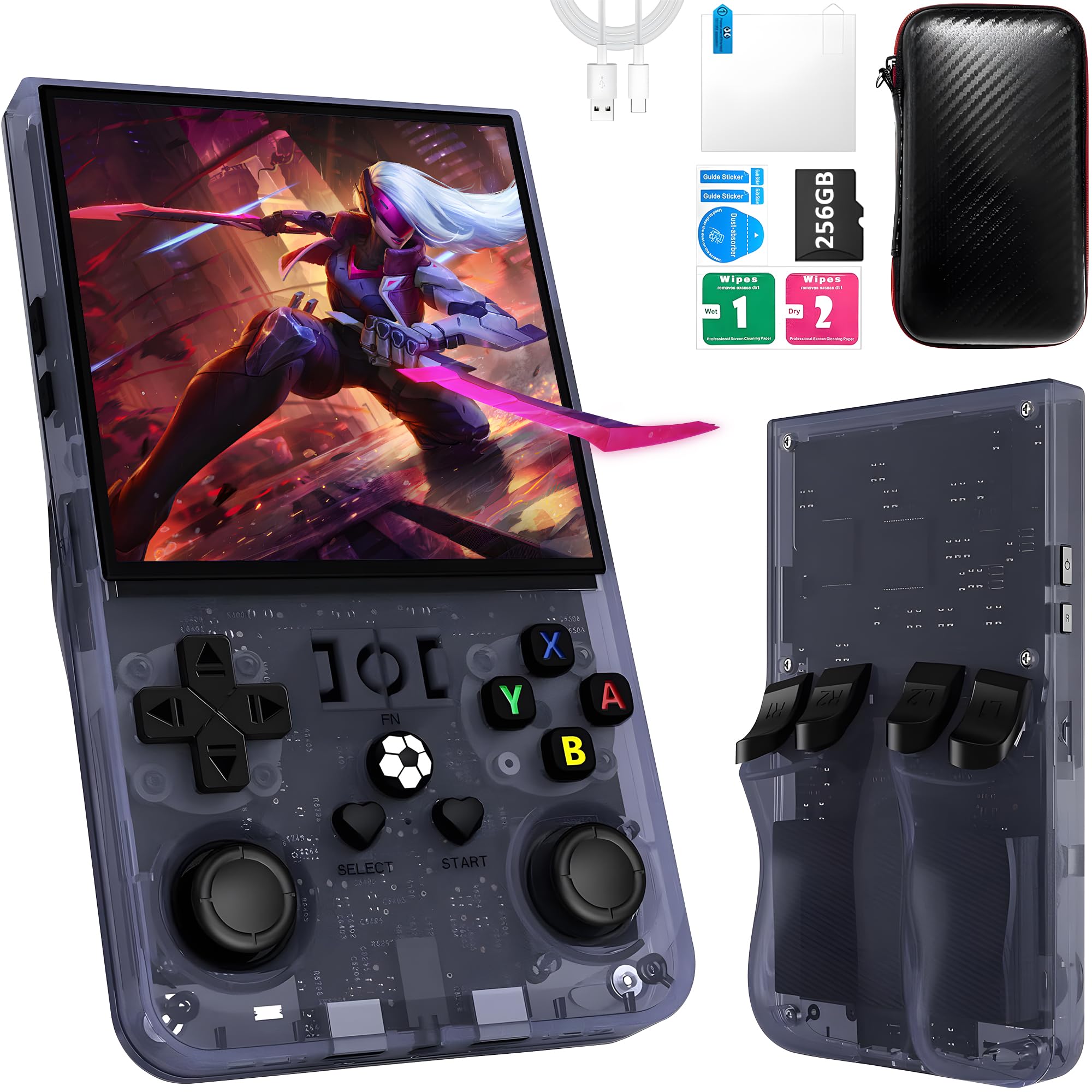 R36MAX Retro Handheld Game Console,Game Console with 256GB TF Card, 40000+ Classic Games,Video Games 4.0" IPS HD Screen 4000mAh Rechargeable Portable Video Console Pocket Arcade-Transparent Grey