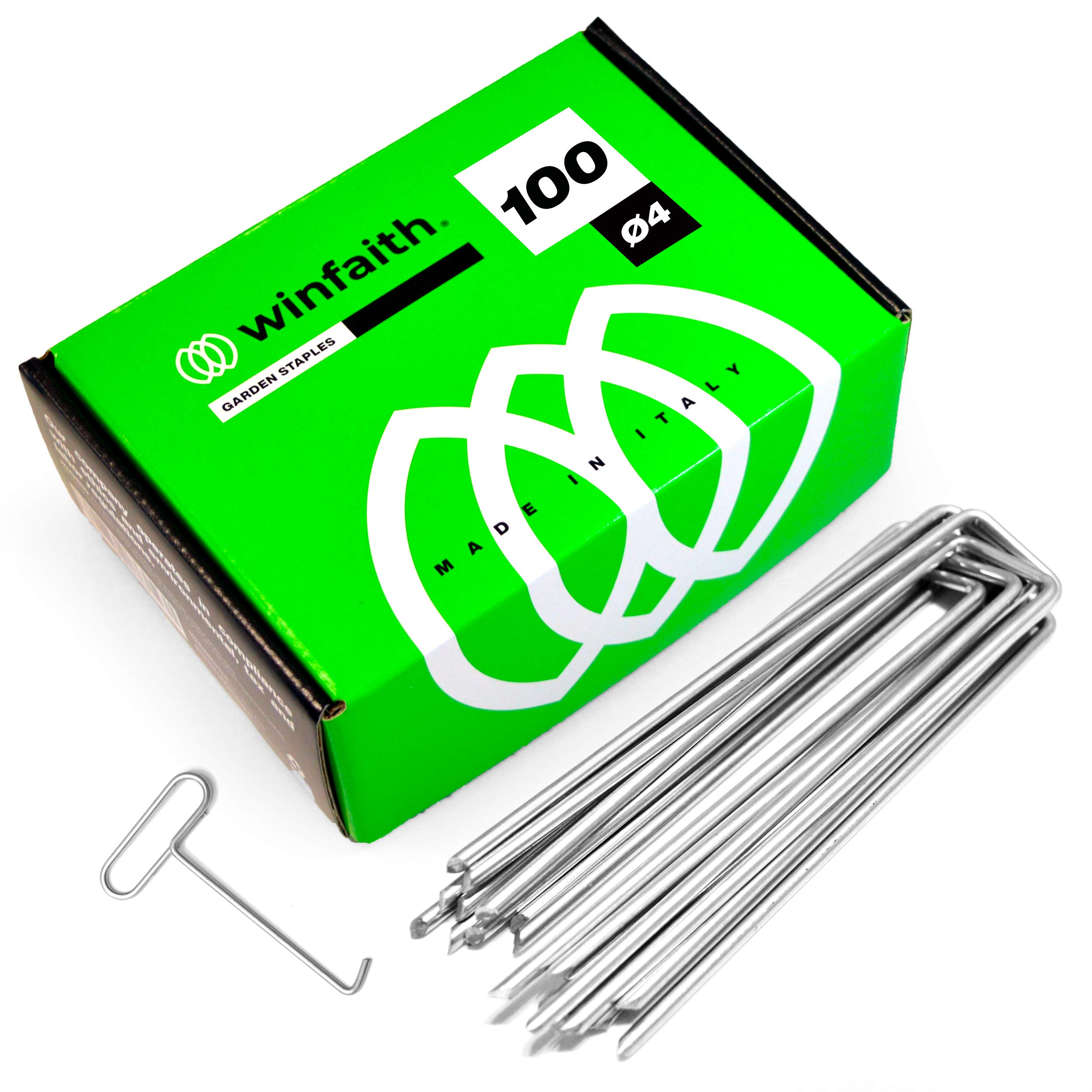 Winfaith Garden Staples Stakes - Pack of 100 Pieces Made in Italy in Steel EN 10204 3.1 Hot Dip Galvanized – Anti-Rust Garden Synthetic Grass Anchoring – Measures H 6"/ 150mm Ø 0.15"/ 4mm