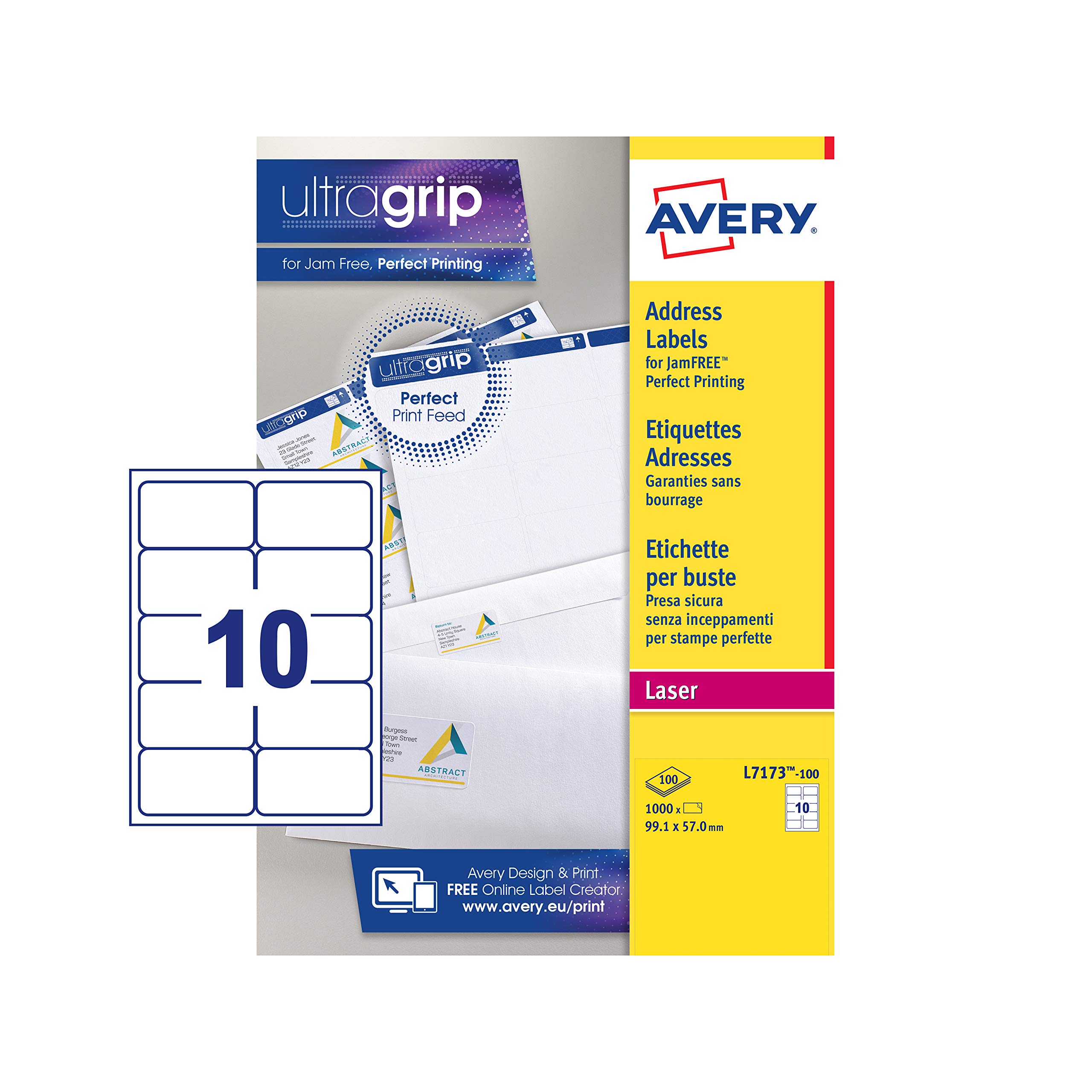 Avery JamFREE, Printable, Address Labels, Customisable, 99.1 x 57 mm, White, 10 Labels per Sheet, 1000 Blank Labels per Pack (L7173-100)