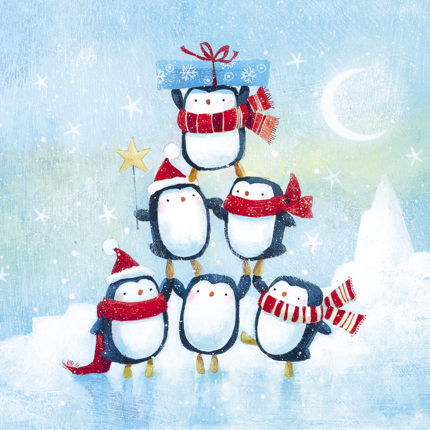 Ling Design Charity Christmas Cards - Penguin Tree with Gifts and Star - Eco-Friendly - Pack of 6 Cards