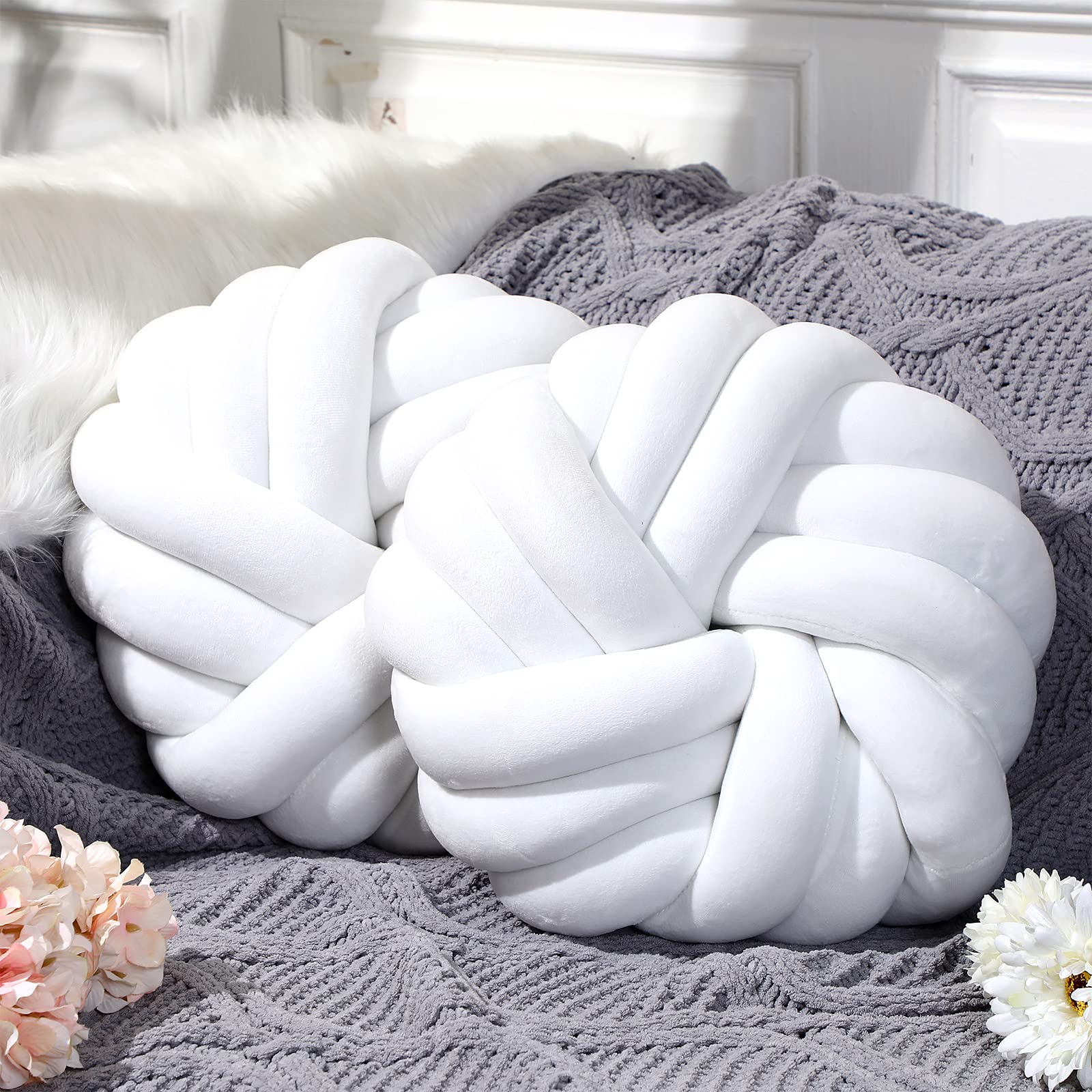 Photo 1 of Fumete 2 Pcs 14 Inches Knot Pillow Round Throw Soft Plush Knot Ball Pillow Handmade Knotted Modern Home Decorative Cushion for Bed Bedroom, Sofa, Couch (White)