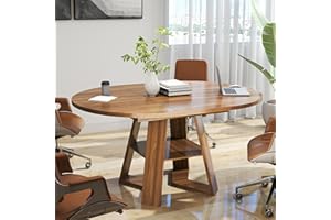 MXTXMY Round Conference Table for 4-6 People,43.3in-59in Extendable Wooden Oval Meeting Room Table with Removable Leaves,Space Saving,Office Table with Storage Shelf for for Office Conference Room (Walnut)
