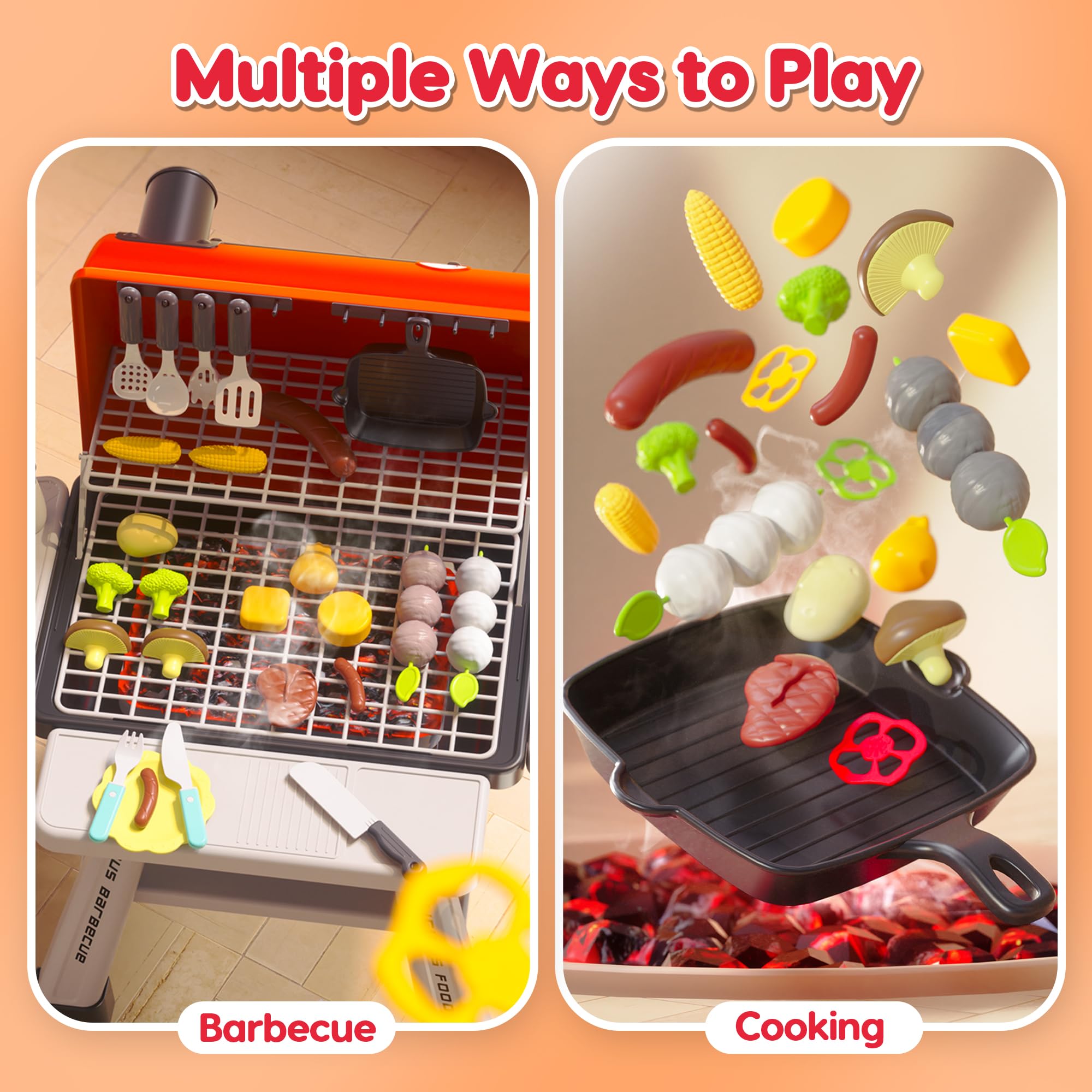 CUTE STONE Kinder BBQ Grill Spielzeug, Küche Spielzeug Set, Realistische Rauch BBQ Grill Spielset mit Spielzeug Küche Zubehör,Barbecue per Bambini Rosa 8