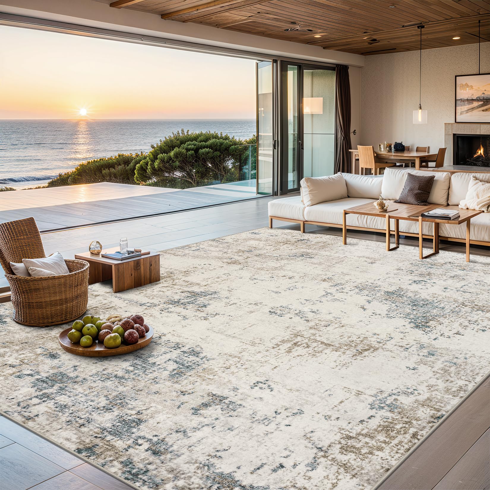 Photo 1 of 8x10 Area Rugs for Living Room - Washable Rug Modern Abstract Soft Large Neutral Non-Slip Carpet Indoor Floor Stain Resistant Thin Carpets for Bedroom Dining Room Farmhouse Nursery Home Office Multi