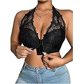 OYOANGLE Women's Plus Size Front Closure Lace Halter Bralette Scallop Trim Low Back Unlined Bras