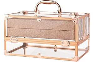 FRENESSA Makeup Train Case 11.8 INCH Cosmetic Storage Box Acrylic Makeup Organizer Portable 4 Trays Makeup Display Case for Stylist Makeup Artist Craft Traveling Case Organizer Rose Gold