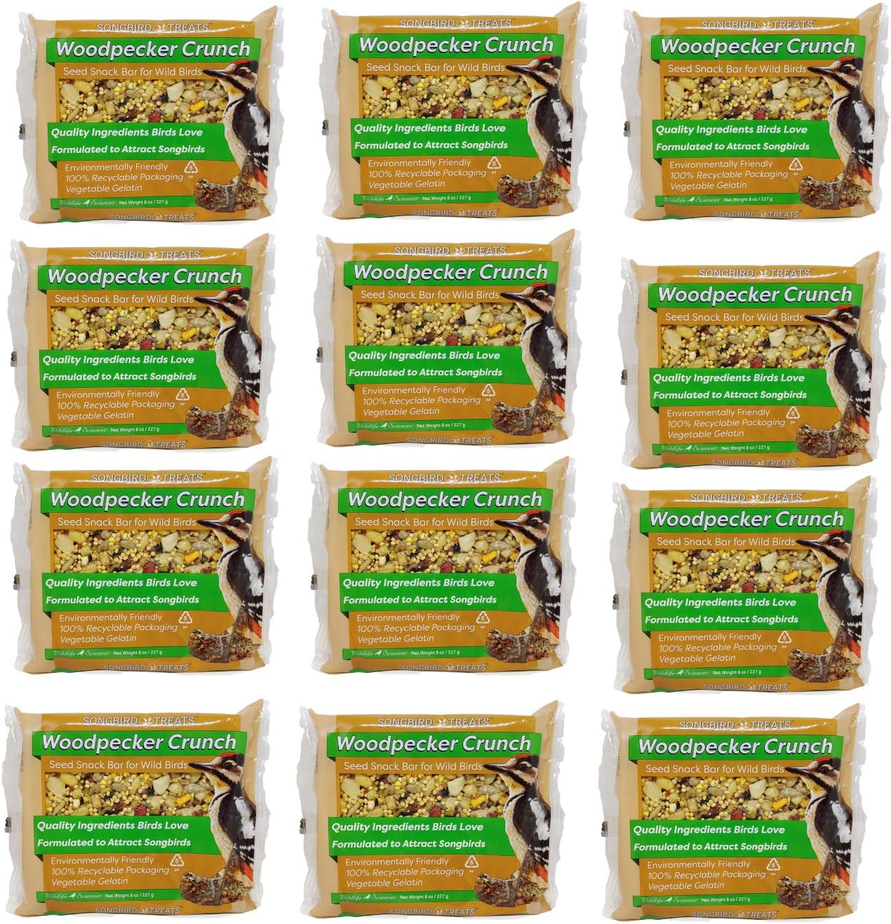 Backyard Birding & Wildlife - Songbird Treats Seed Bars | 12 Pack of 8 oz Bird Seed Cakes for Wild Birds (Woodpecker Crunch)