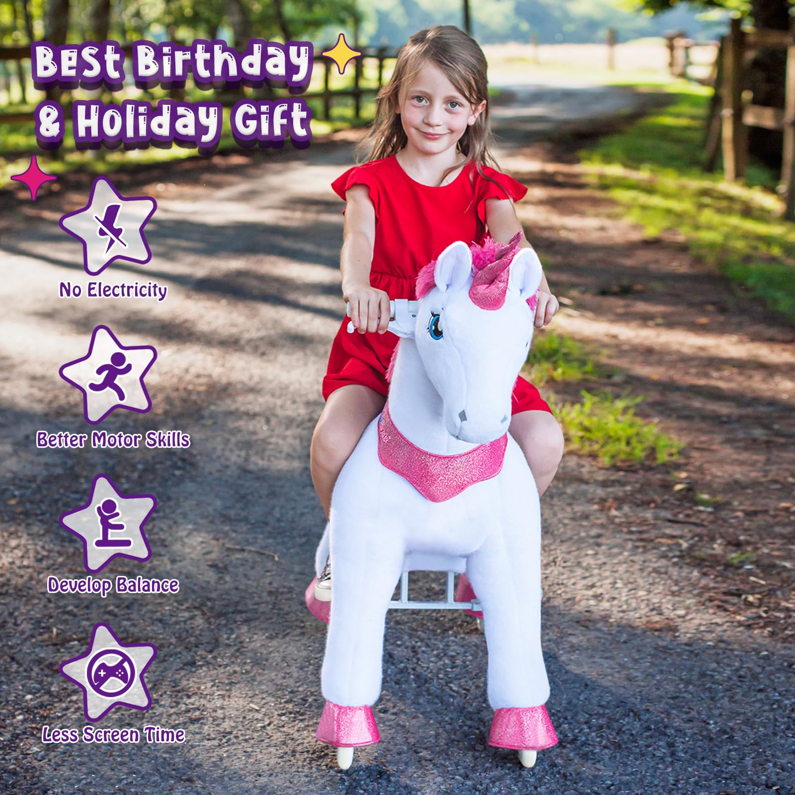 PonyCycle Ride on Unicorn Toys for Girls Pony Riding Pink Unicorn Rocking Horse (with Brake/ 35.4