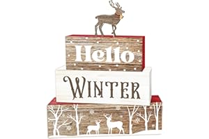 LSJEHTQ 4 Pcs Reindeer Christmas Decor, Hello Winter Elk Table Decorations, Christmas Tiered Tray Desk Decor Gifts, Snowflakes Wooden Xmas Stack Block Signs Table Centerpiece for Farmhouse Office -A08