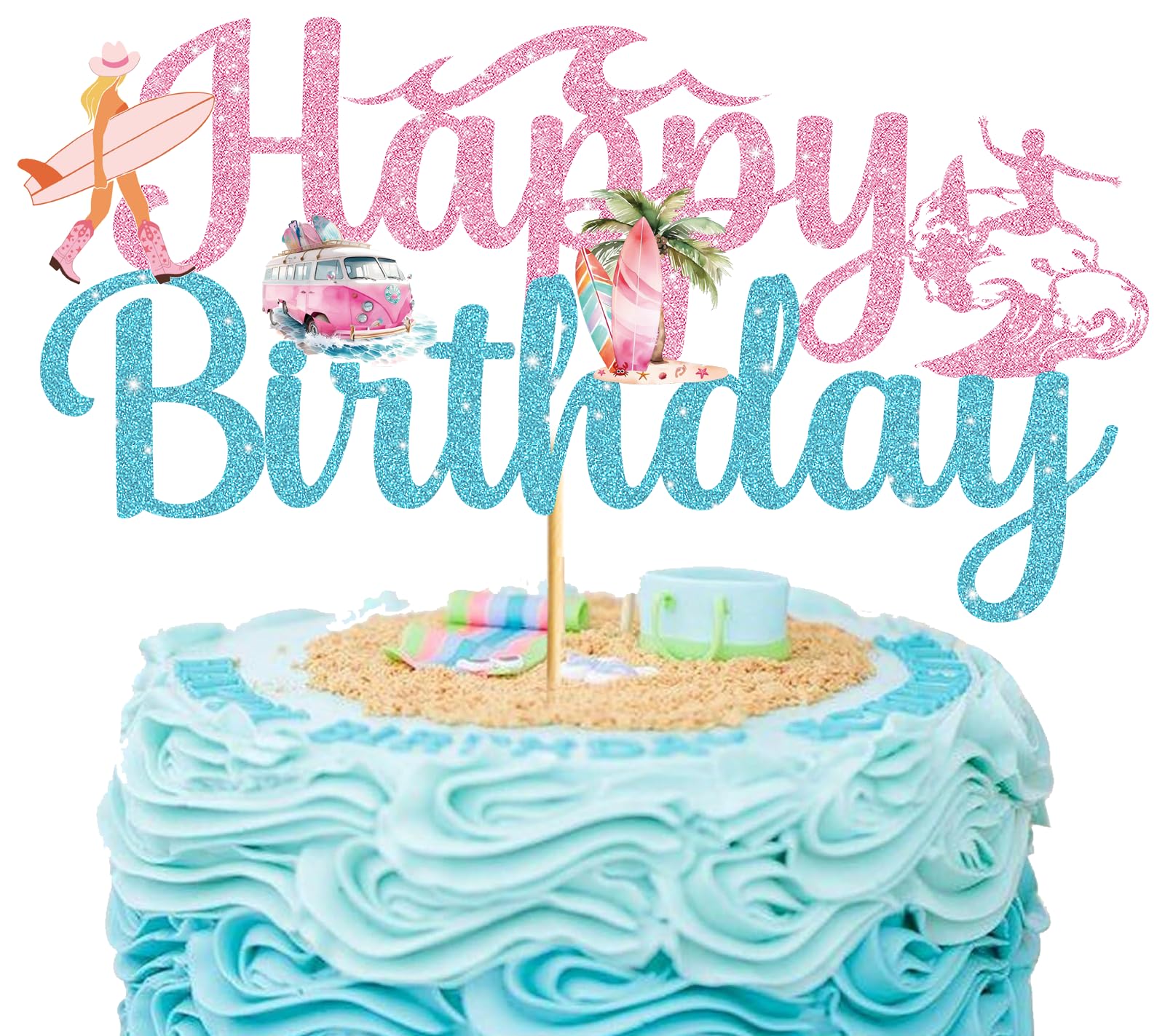 Photo 1 of Happy Birthday Surfboard Cake Topper Beach Cake Decorations Beach Birthday Party Decorations Pool Party Cake Decorations