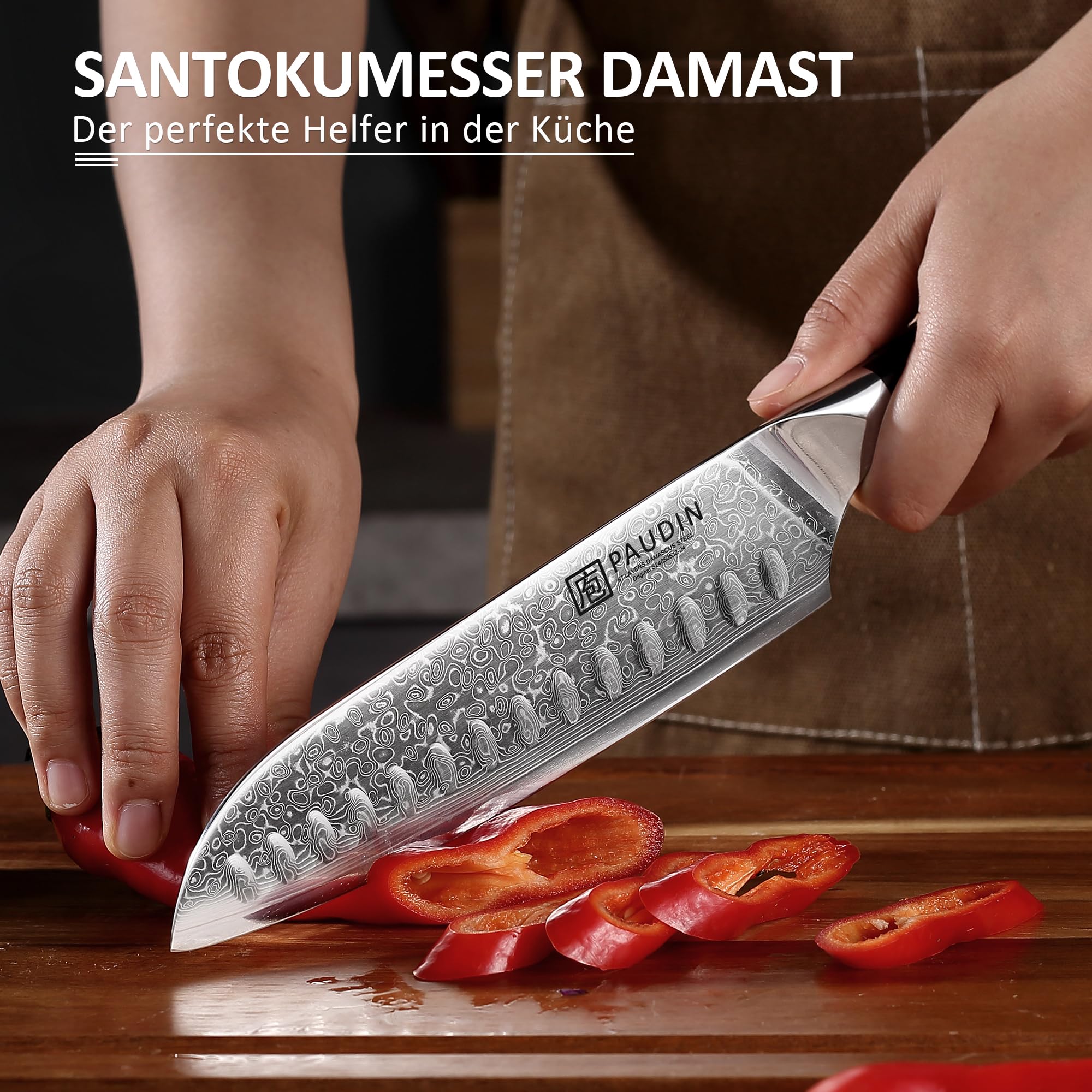 PAUDIN Santokumesser Damastmesser 17 cm, Ultra Scharfes Kochmesser aus 67 Lagen Damaststahl mit japanischem VG10- Kern, Profi Küchenmesser mit ergonomischem G10-Griff 7