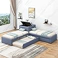 SOFTSEA Twin L-Shaped Platform Bed Frame with Trundle and Drawers, Upholstered Corner Bed with Small Table for Bedroom, Twin