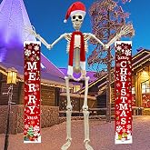 12 Foot Skeleton Christmas Outfits,12Ft Giant Skeleton Accessories Clothes,Including Giant Santa Hat,Scarf,Merry Christmas Banner Couplet,for Xmas Outdoor Decorations (Style 1)