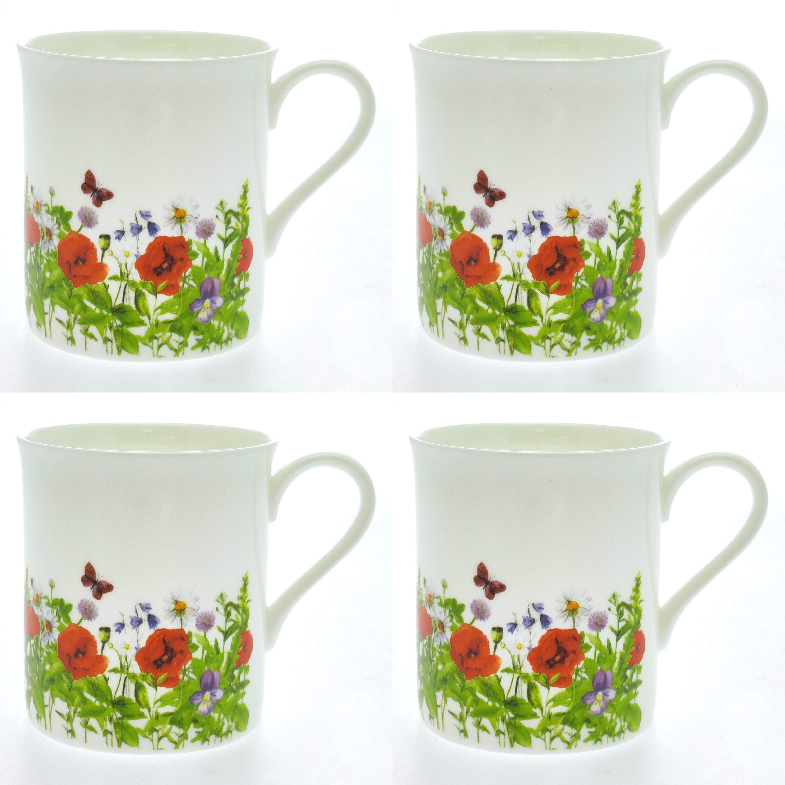 Set 4 Fine Bone China Mugs - Wild Red Poppies Design