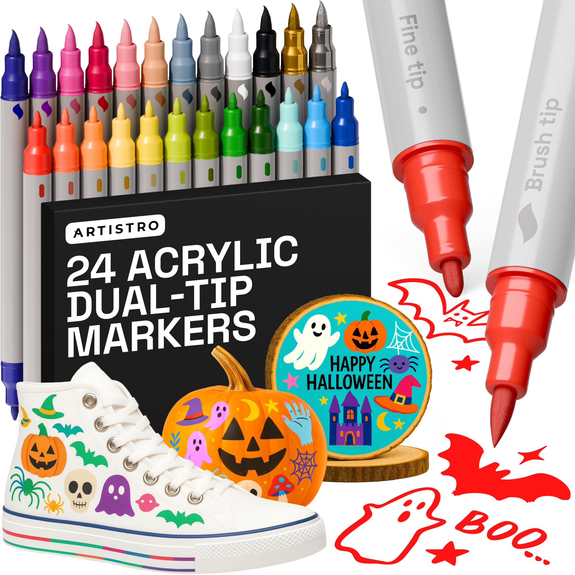 Photo 1 of ARTISTRO 24 Dual Tip Brush + Fine Acrylic Paint Markers - Ideal for Calligraphy Paint Pens for Fabric, Rock, Glass, DIY - Halloween Pumpkin Painting Kit, Art Supplies, Christmas Gift