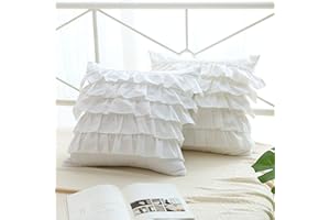 MEANING4 2-Pack Bright White Throw Pillow Covers with Waterfall Ruffles 5 Lays Cushion Cases Egypt Cotton 18"X18"Soft Boudoir