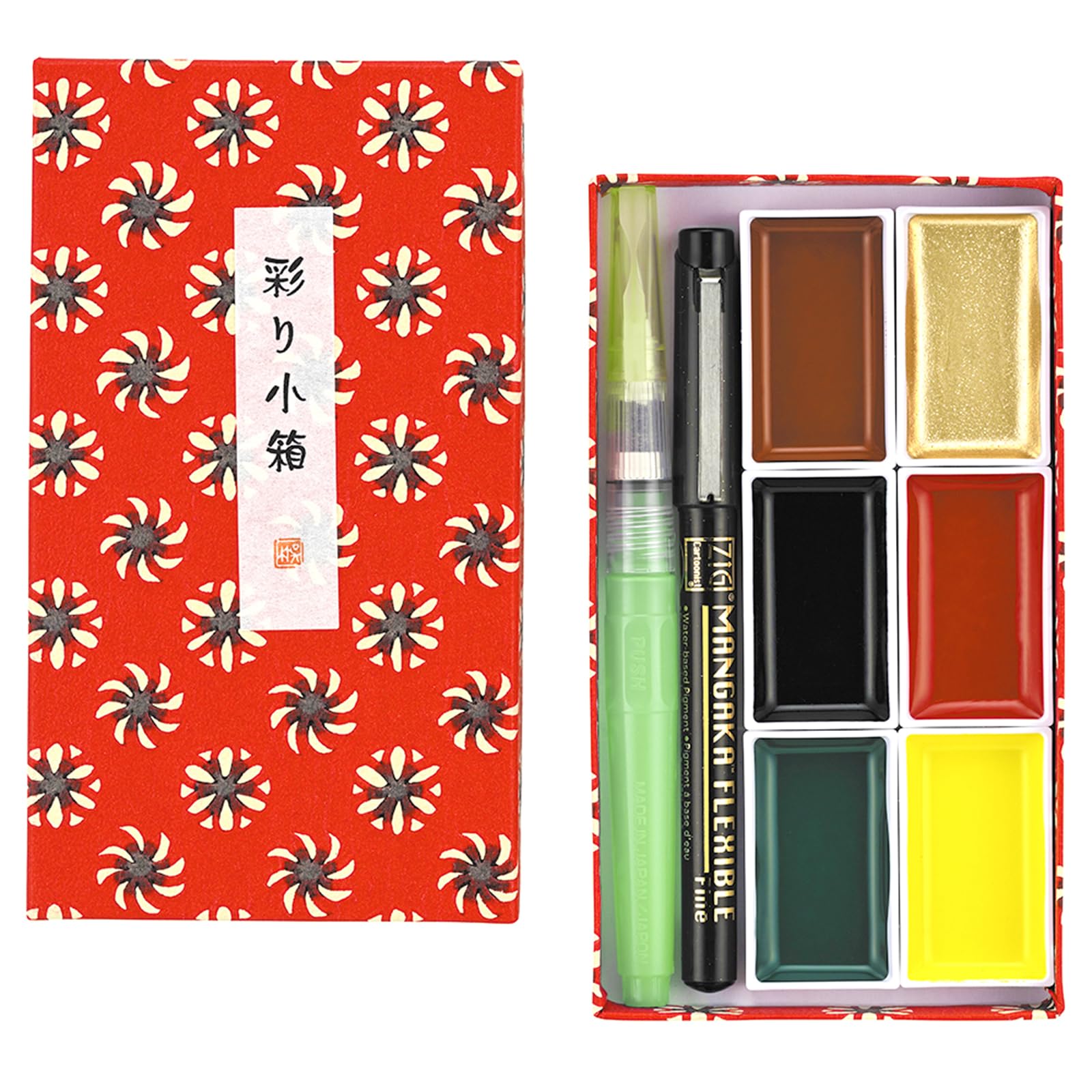 Kuretake IRODORI KOBAKO Red, Watercolor paint set with Waterbrush and MANGAKA Black pen 0.1mm, Professional-quality for artists, Made in Japan