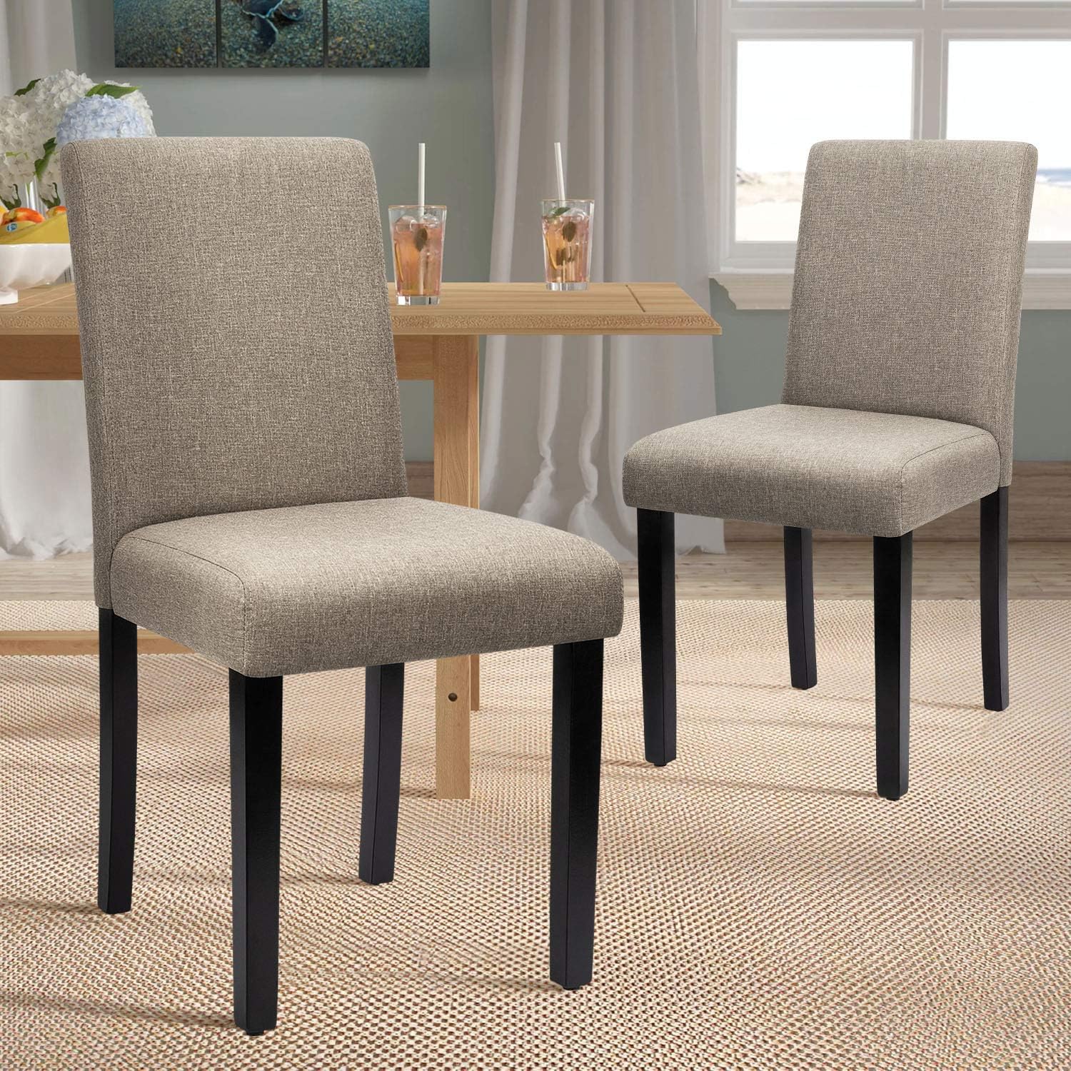 Furniwell Dining Chairs Fabric Upholstered Parson Urban Style Kitchen Side Padded Chair with Solid Wood Legs Set of 4 (Beige) - Chairs