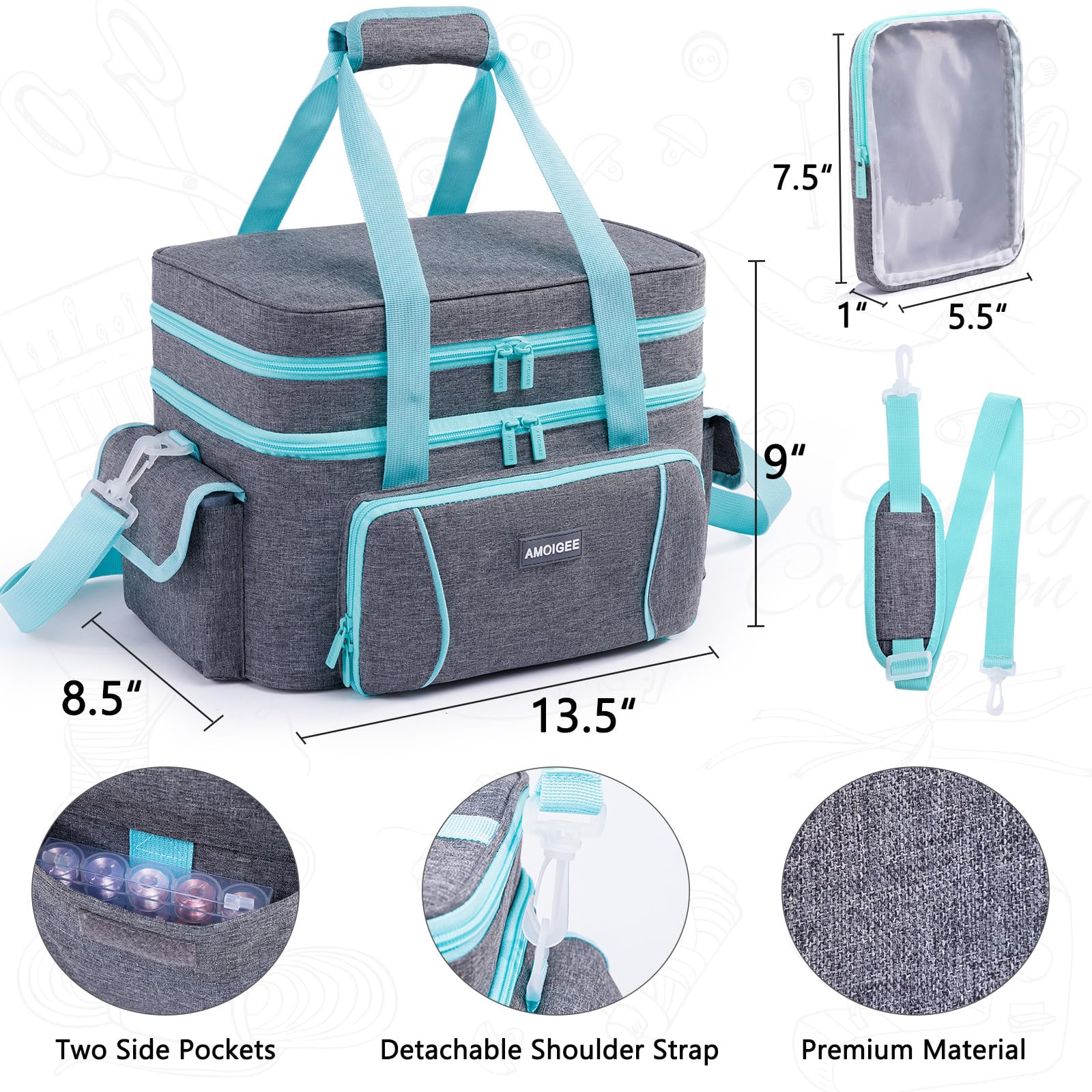 AMOIGEE Double-Layer Sewing Storage Bag with 2 Detachable Pouches – Large Sewing Organizer with Shoulder Strap, Elastic Loops & Dividers for Sewing Supplies, Tools & Accessories