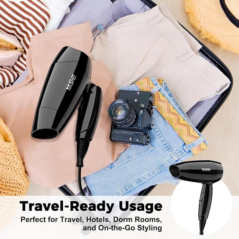 Mini Sèche-Cheveux Pliable de Voyage, Sèche-Cheveux Compact 1200W Avec 2 Réglages de Chaleur et Vitesse, Buse de Précision, Cordon 1,8 m, Léger Pour Voyage, Maison, Hôtel ou Dortoir, Noir
