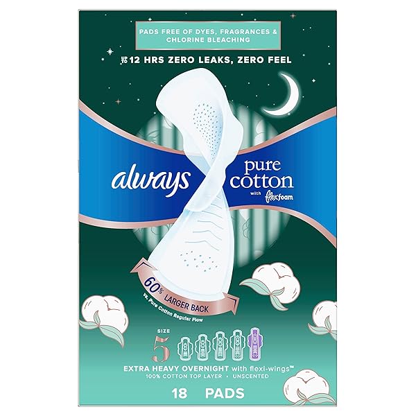 ALWAYS, PURE COTTON WITH FLEXFOAM PADS FOR WOMEN SIZE 5, 18 COUNT